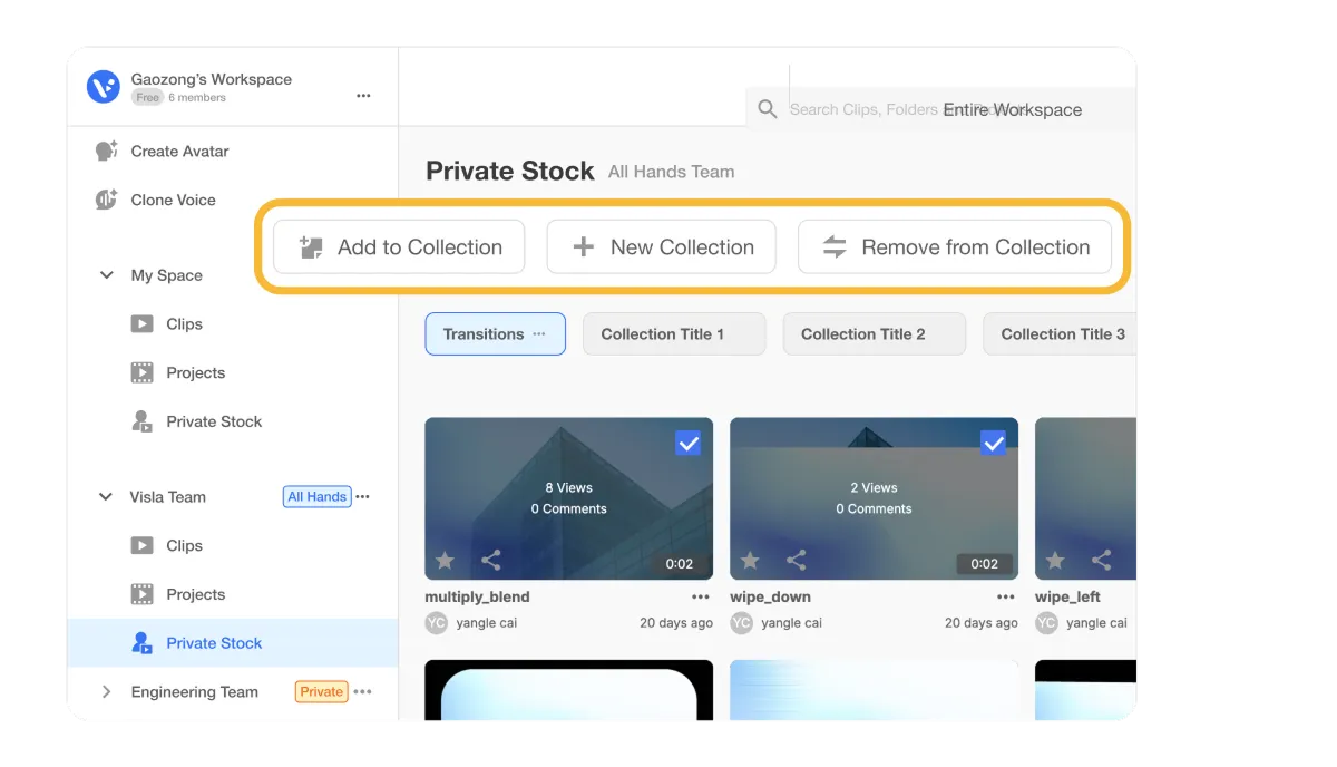 AI Video Agent automatically pulling on-brand b-roll from selected Private Stock Collections in Visla